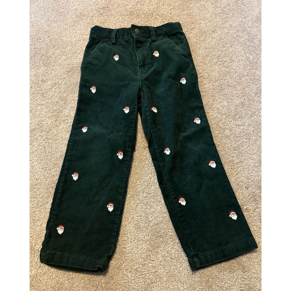 E-land Green Corduroy Santa Embroidered Pants Boys Size 5 Holiday Christmas